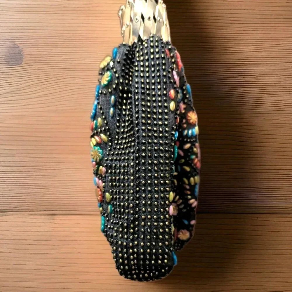 Beaded Evening Purse Handbag Colorful Beads on Black Accordian Top Handle 8 x 6